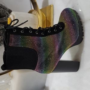 Multi Rhinestone Black Boots 8.5